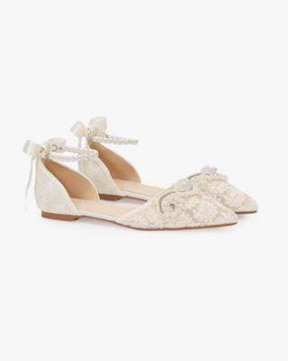 Ivory Crochet Lace Pointy Toe Wedding Flats with Small Pearls Applique and All Pearls Ankle Strap