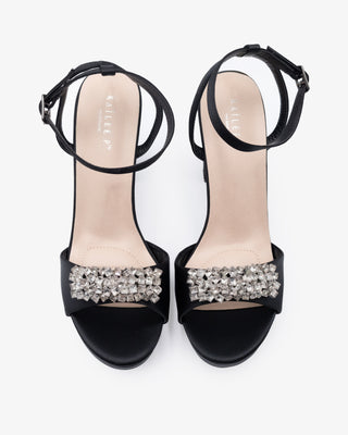 Black Satin Platform Block Heel Evening Sandals with Rhinestones, Bridesmaids Shoes