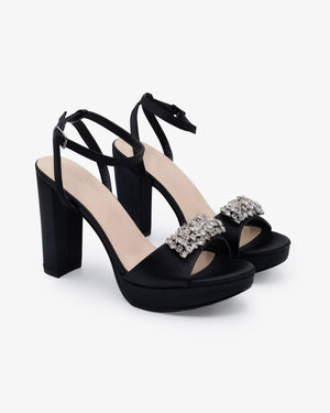 Satin Platform Block Heel Evening Sandals with Crystelle Rhinestones
