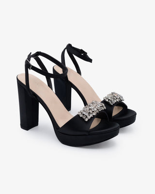 Black Satin Platform Block Heel Evening Sandals with Rhinestones, Bridesmaids Shoes