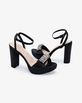 Black Satin Platform Block Heel Evening Sandals with Rhinestones, Bridesmaids Shoes