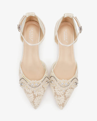 Ivory Crochet Lace Pointy Toe Wedding Flats with Small Pearls Applique and Ankle Strap