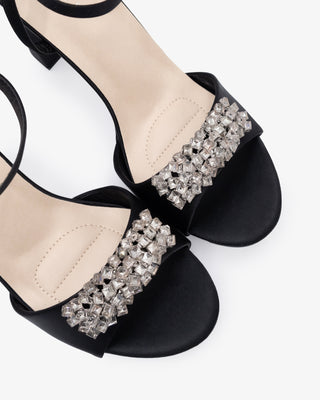 Black Satin Platform Block Heel Evening Sandals with Rhinestones, Bridesmaids Shoes