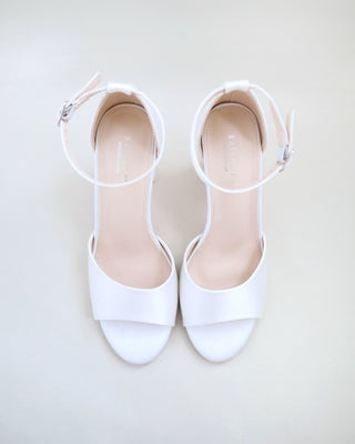 white satin block heels wedding shoes