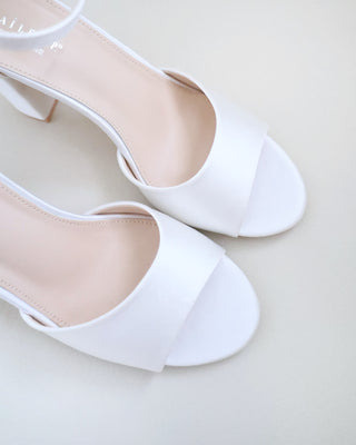 white satin block heels wedding shoes