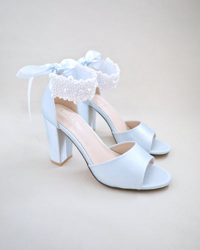 light blue satin block heels wedding sandals with allover pearls straps