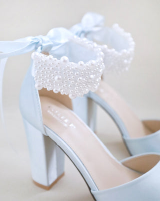 light blue satin block heels wedding sandals with allover pearls straps