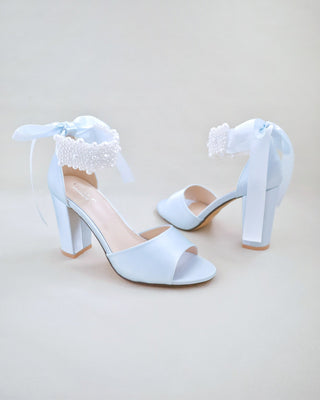 Satin Block Heel Wedding Sandals with Perla Ankle Strap