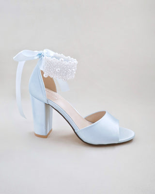 light blue satin block heels wedding sandals with allover pearls straps