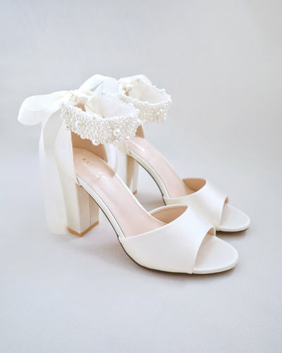 ivory satin block heels wedding sandals with allover pearls straps