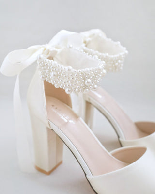 ivory satin block heels wedding sandals with allover pearls straps