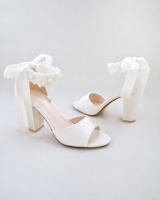 ivory satin block heels wedding sandals with allover pearls straps