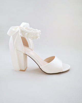 ivory satin block heels wedding sandals with allover pearls straps