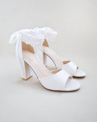 white satin block heels wedding sandals with allover pearls straps