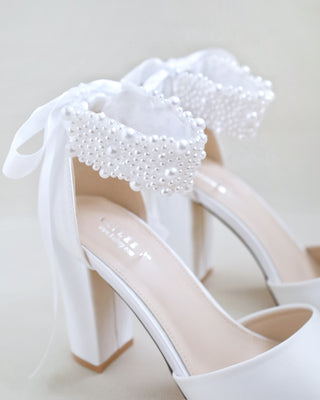 white satin block heels wedding sandals with allover pearls straps
