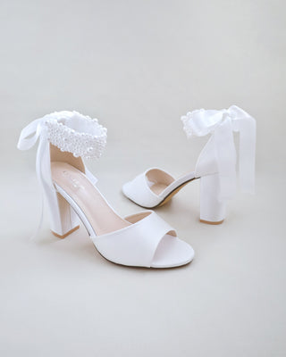white satin block heels wedding sandals with allover pearls straps