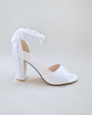 white satin block heels wedding sandals with allover pearls straps