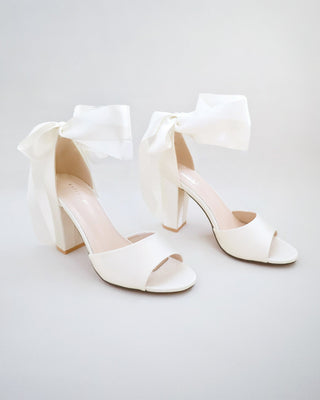 ivory satin block heels wedding sandals with wrapped satin ribbon tie