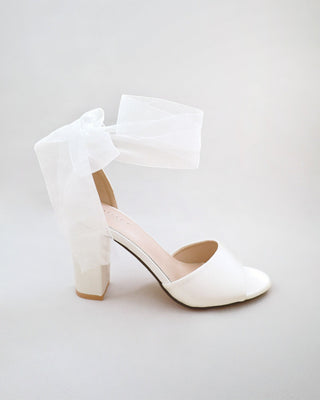 Satin Block Heel Wedding Sandals with Wrapped Ribbon TieWomen Shoes
