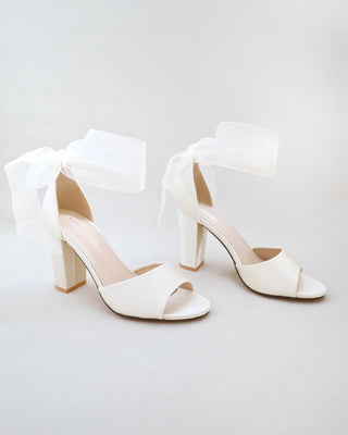 Satin Block Heel Wedding Sandals with Wrapped Ribbon TieWomen Shoes