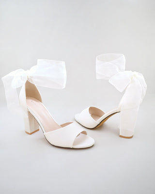 Satin Block Heel Wedding Sandals with Wrapped Ribbon TieWomen Shoes