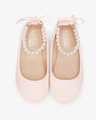 Dusty Pink Satin Flats with All Pearls Ankle Strap for Flower Girls