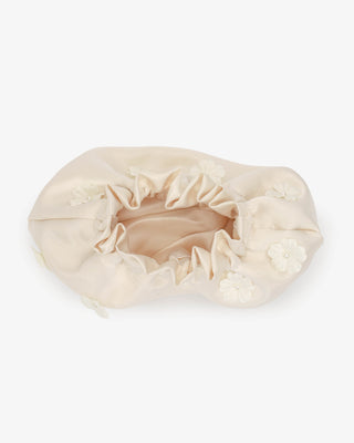 Ivory Cleo Pearl Satin Mini Pouch with Pearls Petal Flowers and Short Pearl Strap