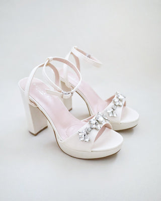 ivory satin platform block heels sandals with rhinestones