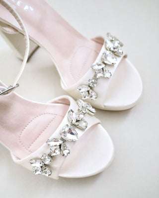 ivory satin platform block heels sandals with rhinestones