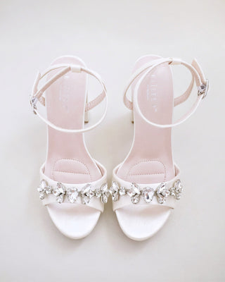 ivory satin platform block heels sandals with rhinestones