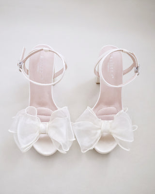 ivory satin platform block heels sandals with organza bow