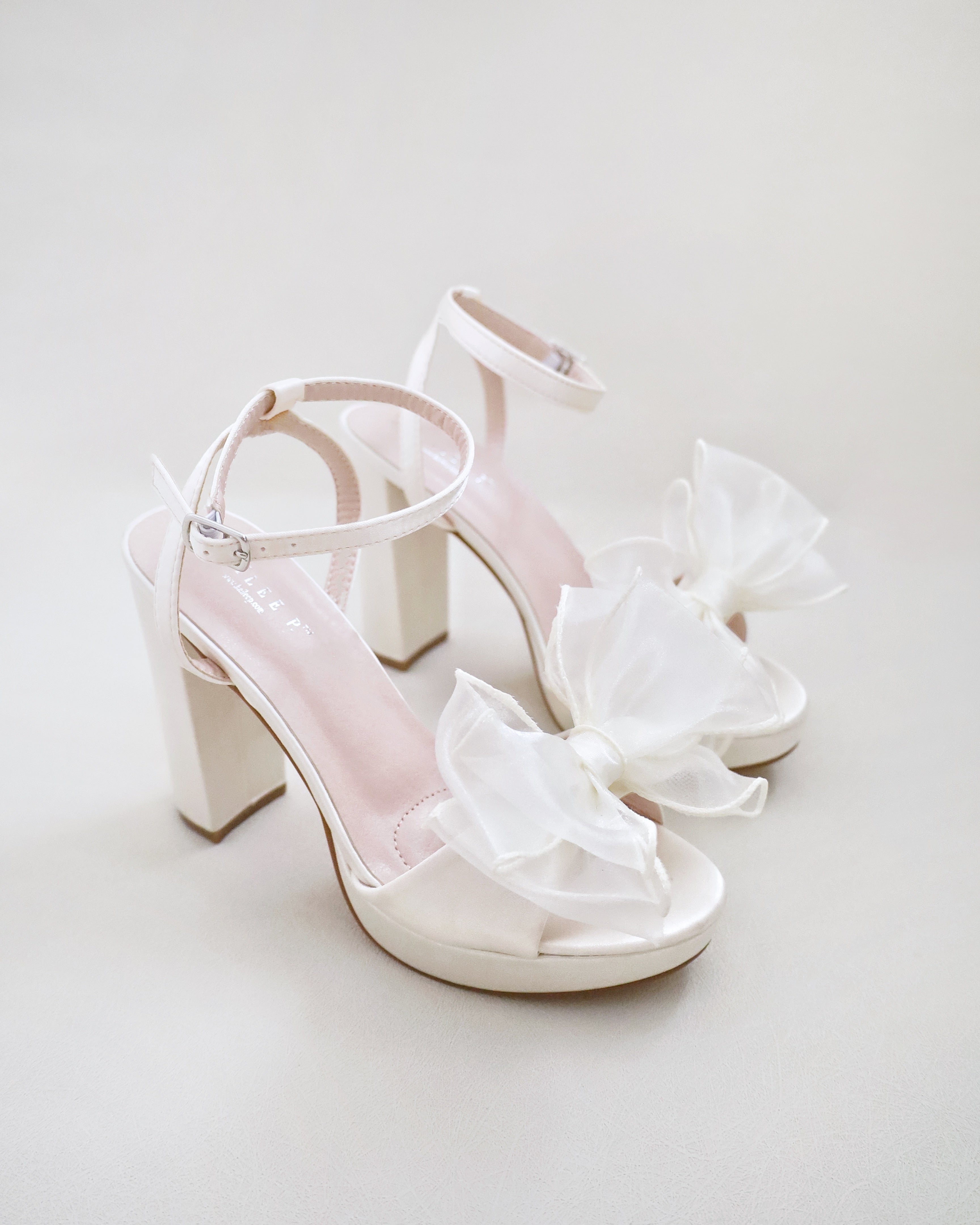 Satin Platform Block Heel Wedding Sandals with Bow, Bridal Heels