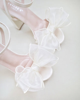 ivory satin platform block heels sandals with organza bow