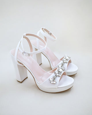 white satin platform block heels sandals with rhinestones