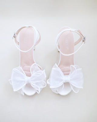 white satin platform block heels sandals with organza bow