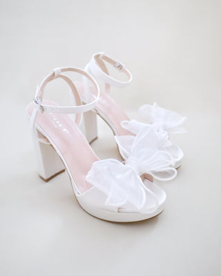 white satin platform block heels sandals with organza bow
