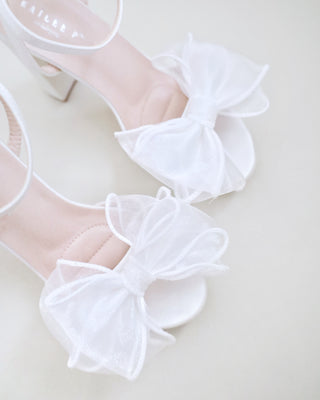 white satin platform block heels sandals with organza bow