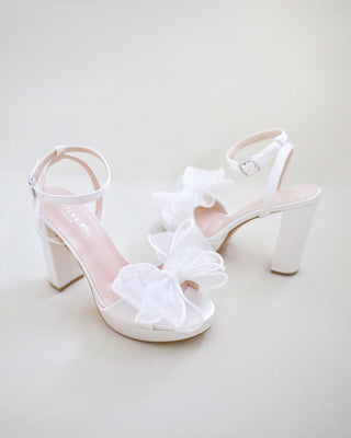 white satin platform block heels sandals with organza bow