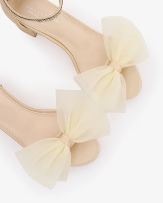 Satin Block Heel Sandal with Oversized Front Ivory Tulle BowWomen Shoes