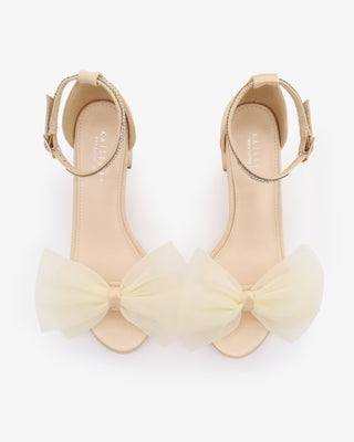 Satin Block Heel Sandal with Oversized Front Ivory Tulle BowWomen Shoes