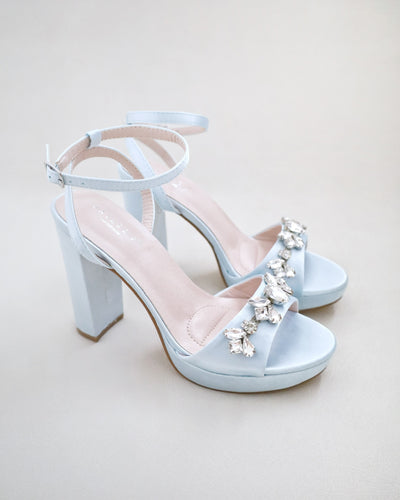 light blue satin platform block heels sandals with rhinestones