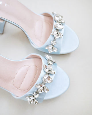 light blue satin platform block heels sandals with rhinestones