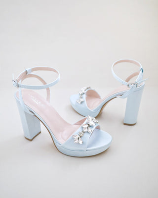 Satin Platform Block Heel Wedding Sandals with Navette Rhinestones