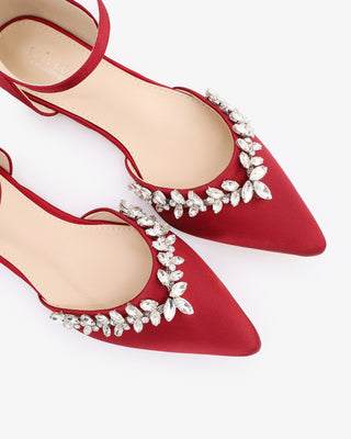 Burgundy Satin Pointy Toe Evening Flats with Starlet Rhinestones Women Shoes