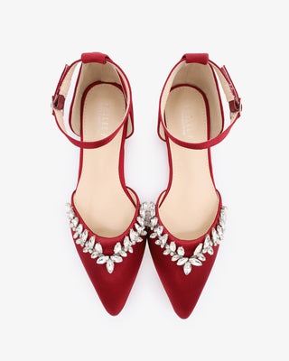 Burgundy Satin Pointy Toe Evening Flats with Starlet Rhinestones Women Shoes
