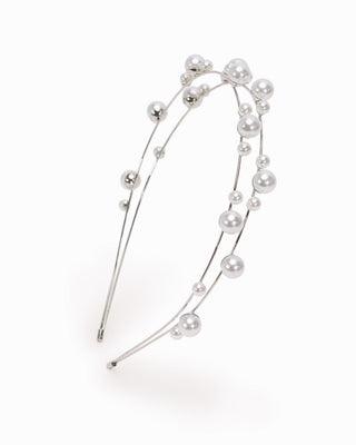 Double rows headband with scattered pearls and silver-tone metal