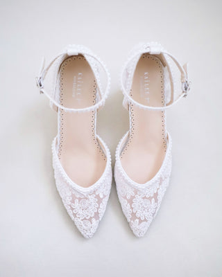 White Bridal Lace Block Heel with Mini Pearls
