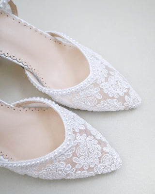 White Bridal Lace Block Heel with Mini Pearls