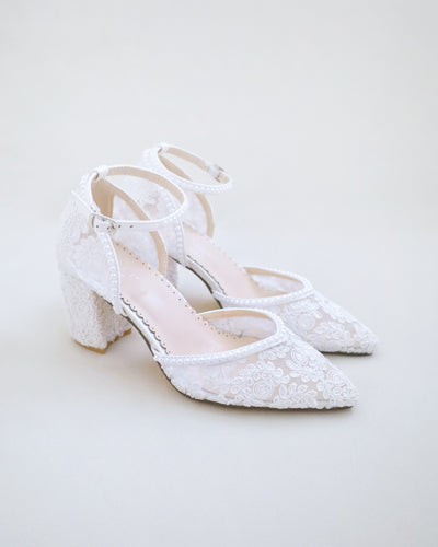 White Bridal Lace Block Heel with Mini Pearls