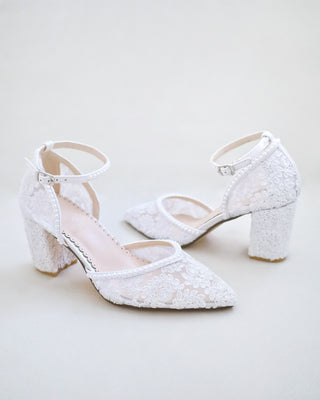 White Bridal Lace Block Heel with Mini Pearls
